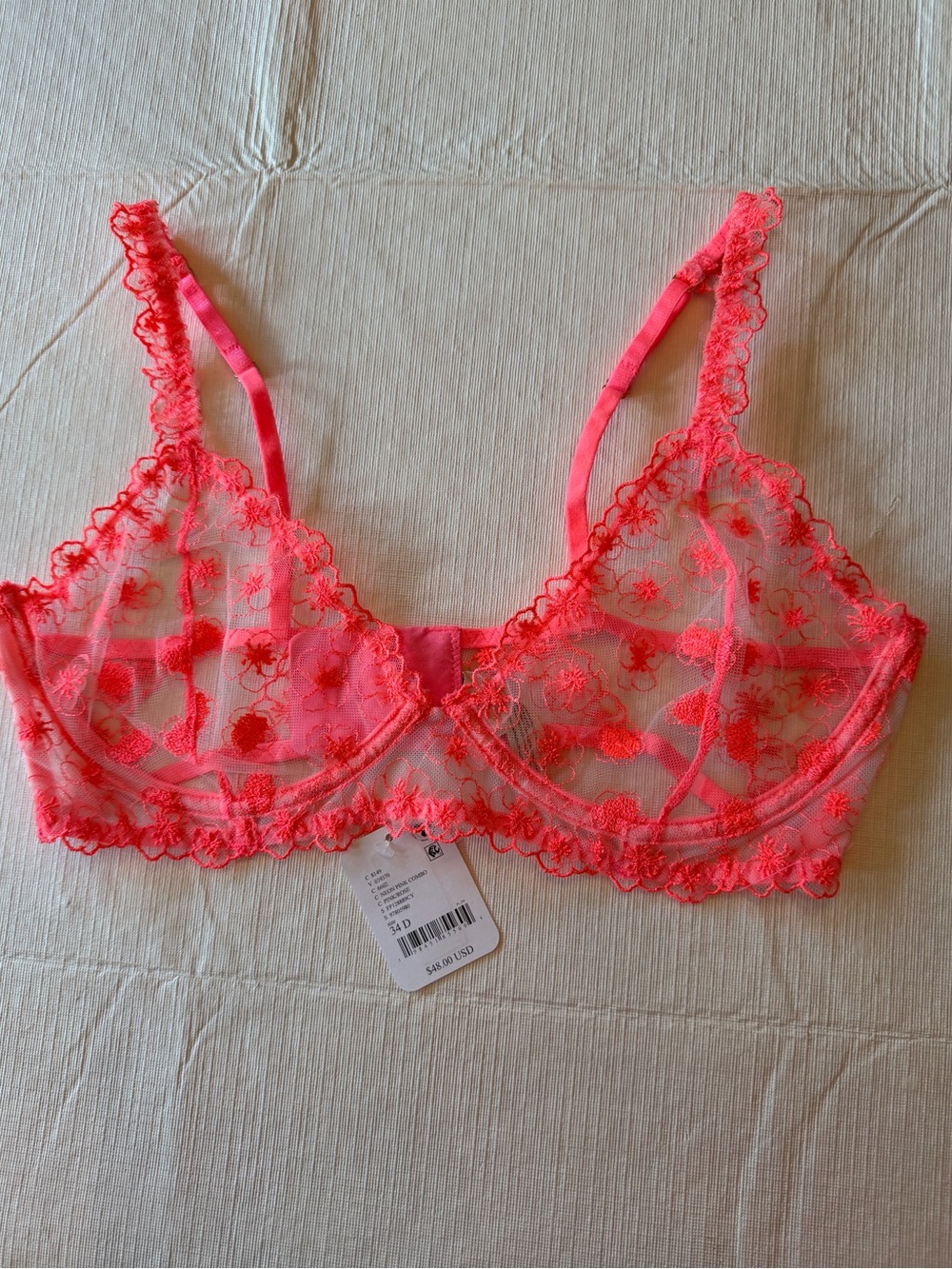 NWT! Free People Intimately Sheer Floral Lace Bra in Beautiful Neon Pink Rose
